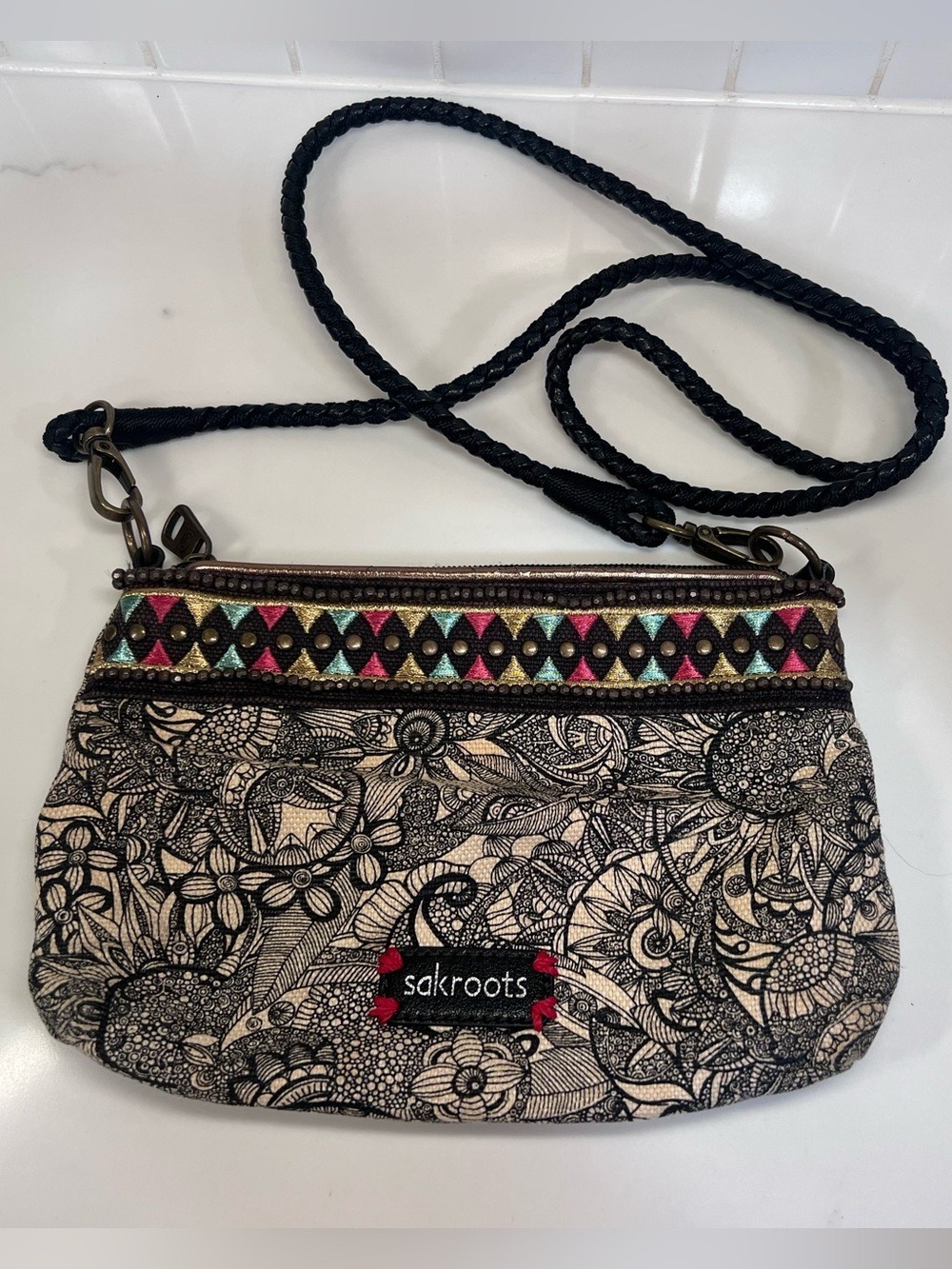 Sakroots Crossbody Purse Black & White Artist Circle Boho Spirit